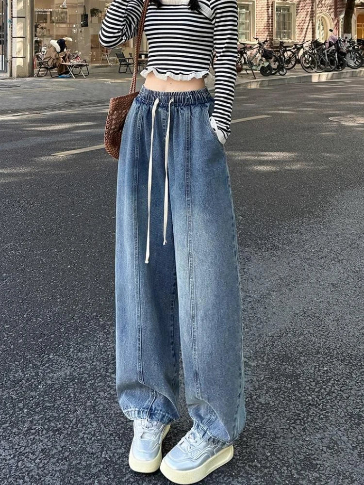 Spring Summer Women Jeans European Style High Waist Slimming Loose Straight Floor Length Harem Wide Leg Trousers Sickle Pants﻿