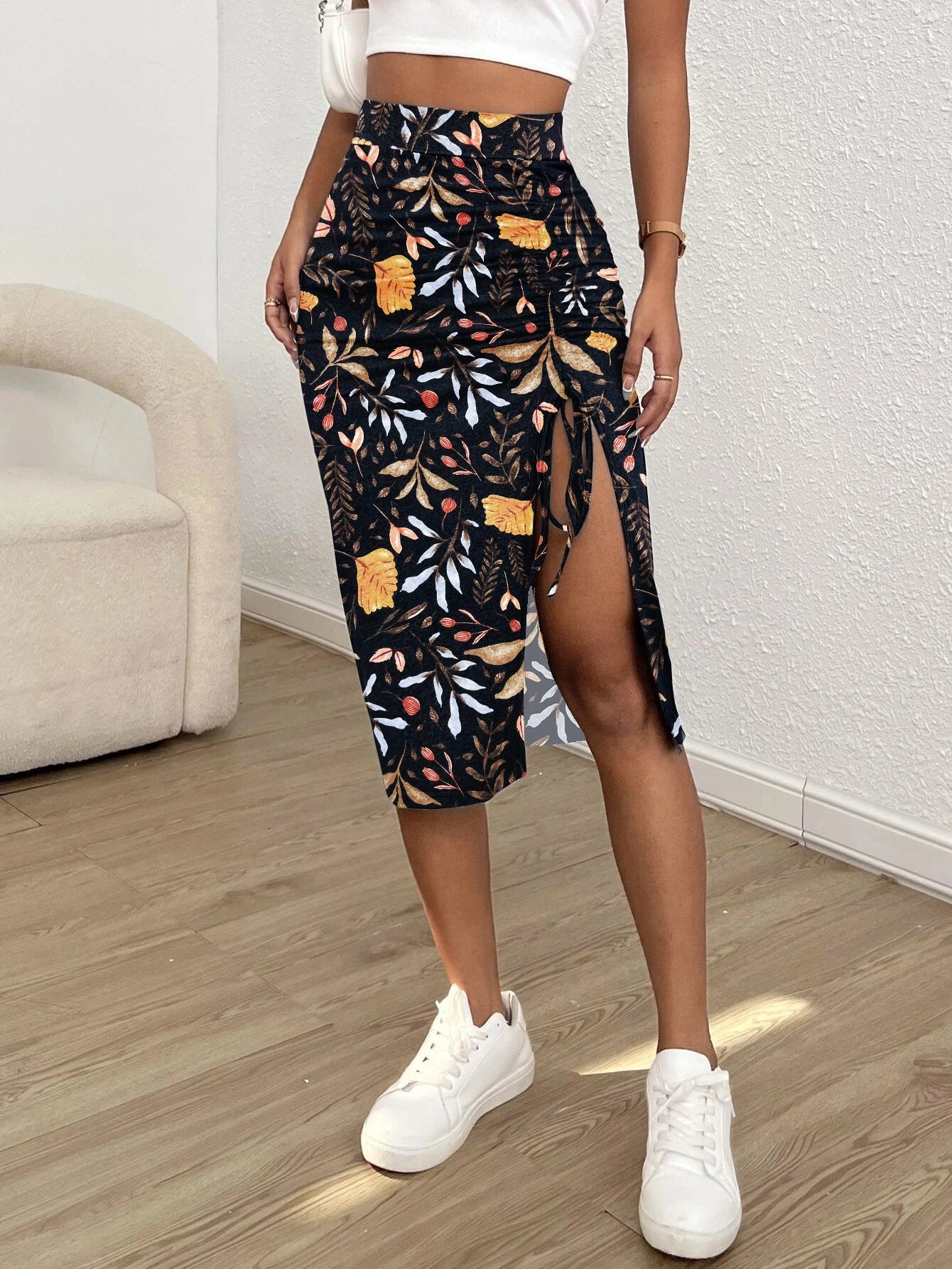 Women's Solid Adjustable Drawstring Ruched Split Thigh Bodycon Skirt Fitted Fashion Chic Girls Skirt Casual Knee Length Skirt