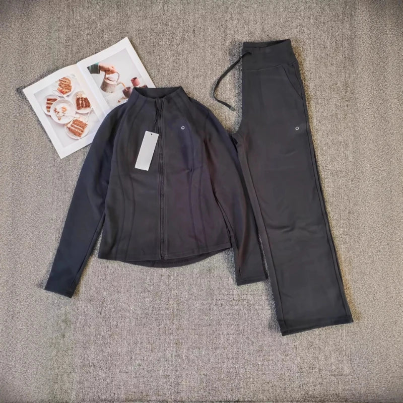 Sweatshirts Sweatpants 2 Pieces Set for Woman Autumn Stand Up Collar Casual Zipper Jacket Suit Fashion Loose Straight Trousers