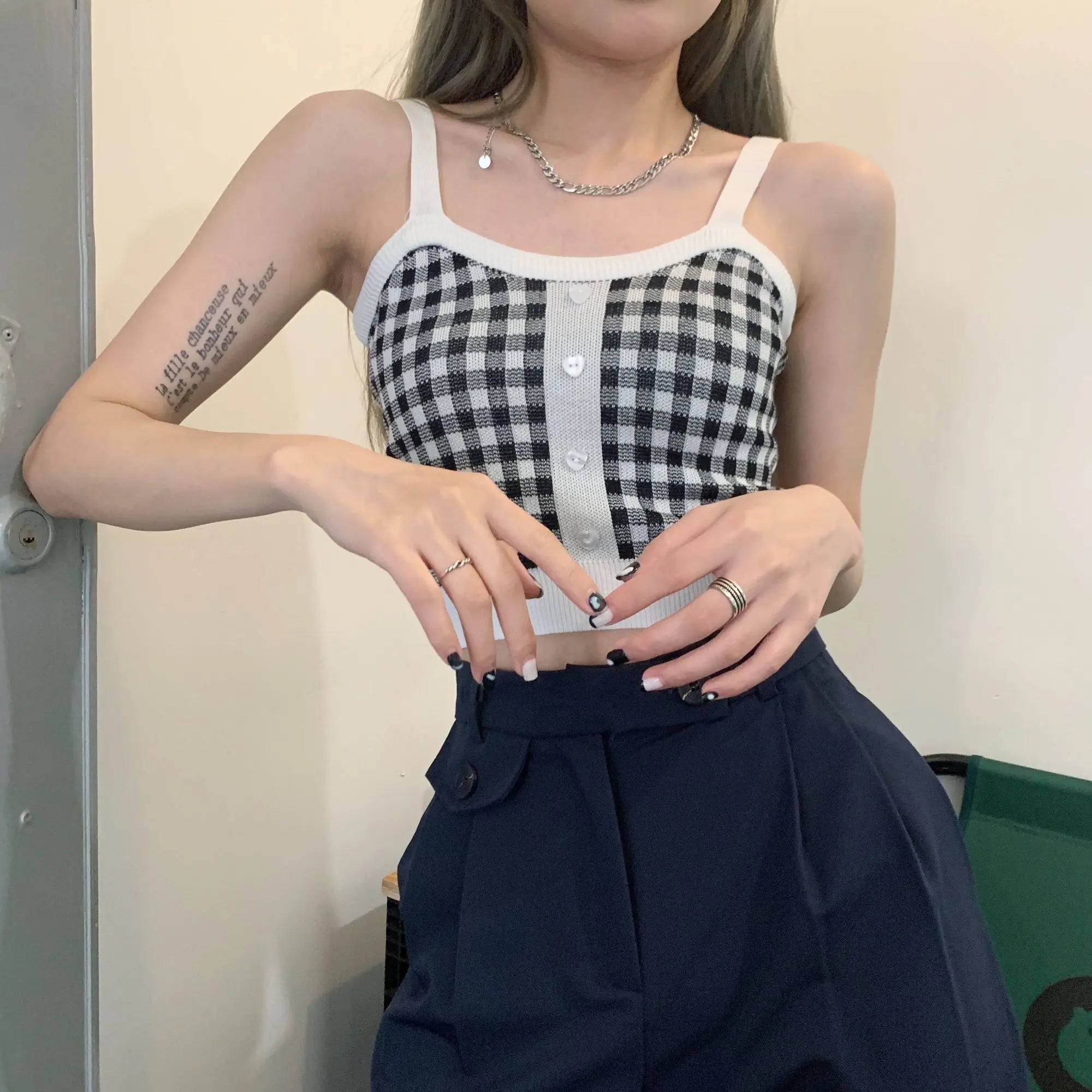 Plaid Button Tank Tops Spaghetti Strap Women Summer Fashion 2026 Y2K Cute Korean Knitted Tight Sleeveless Vest Crop Top Female