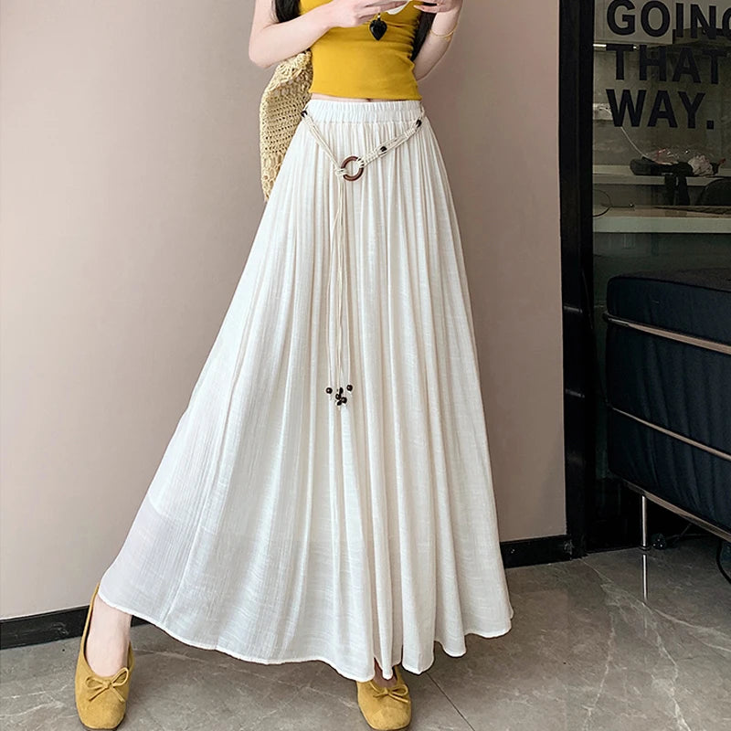 Boho Women's Skirt Cotton Linen Yellow Female Skirts High Waist Harajuku 2025 Trend  Luxury Elegant Vintage Long Skirt With Belt