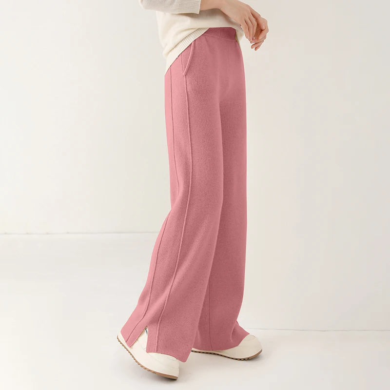 Women Wool Wide Leg Trousers Elastic Waist Side Slit Woman Wool Pants Autumn Winter 100% Merino Wool Knitted Soft Warm Trousers