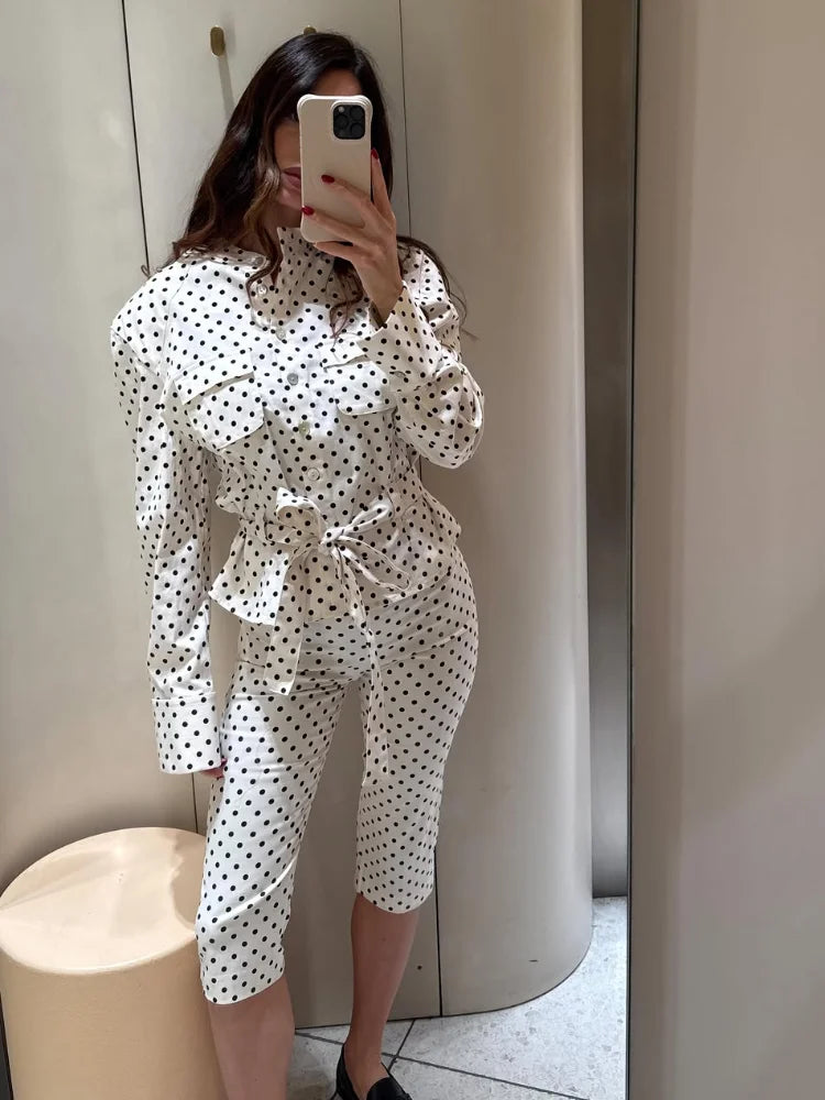 2026 Spring Polka Dot Capri Pants Sets Chic Women Stand Collar Lace Up Jacket High Waist Pencil Pants Lady 2 Pcs Outfits Street
