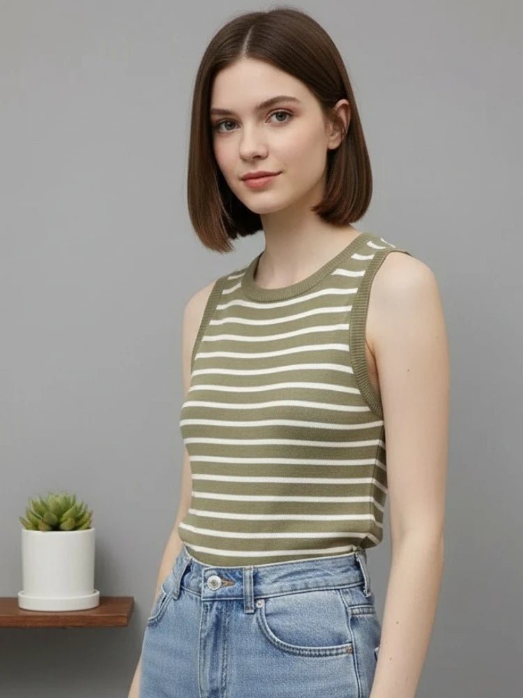 2026 Spring Summer Sleeveless Knitted T-Shirts Striped Women Tank Tops Crop Tops Female Elastic Slim Casual Vests Pullover Camis