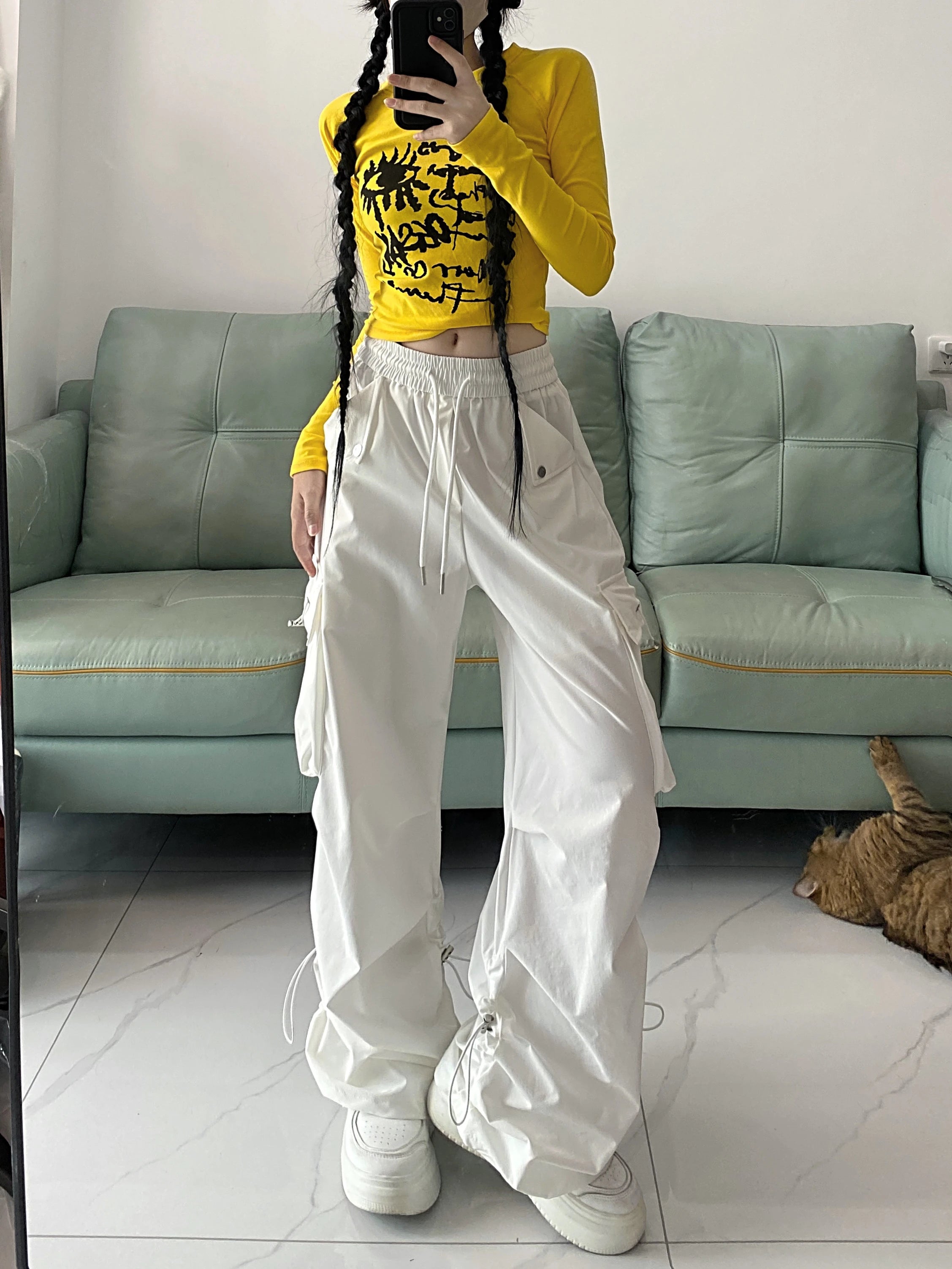 2024 American style large pocket cargo pants women's spring summer new style wide leg pants loose slimming casual sports pants