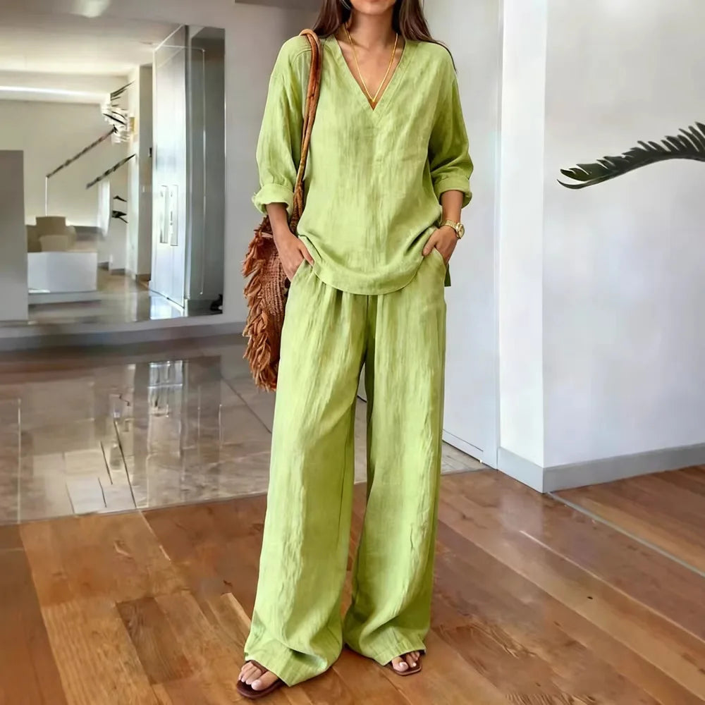 Casual Cotton Pants Sets Women Summer 2026 Fashion Long Sleeve V-neck Loose Tops 2 Piece Set Woman Outfits Elegant