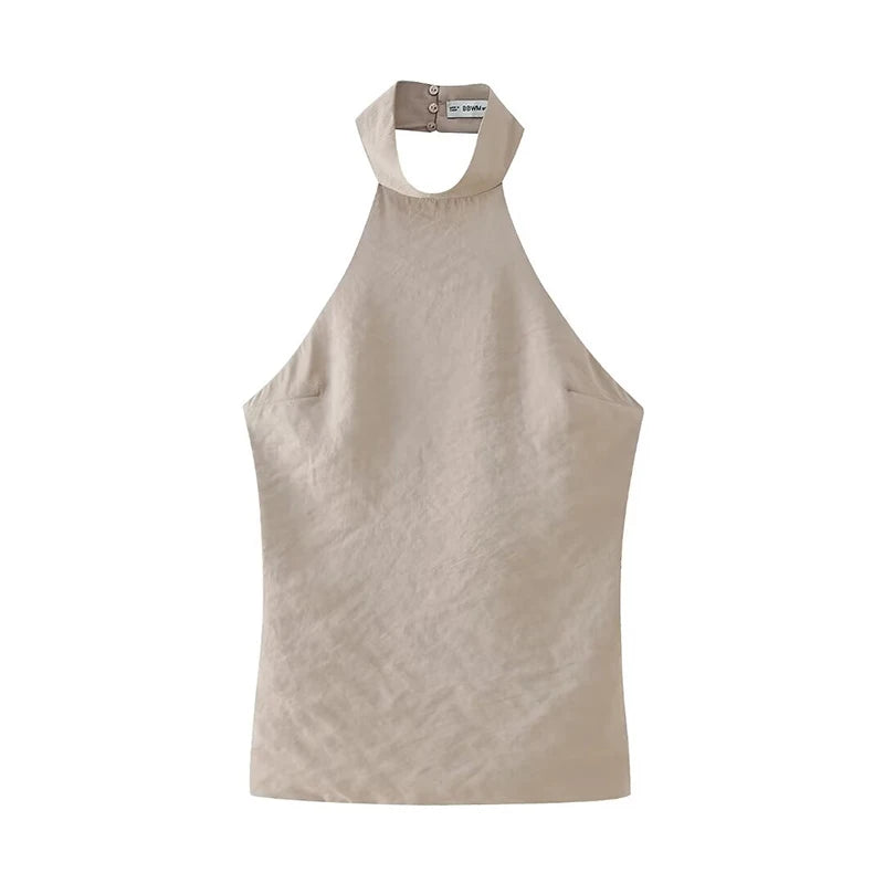 Willshela Women Fashion Khaki Backless Bandage Cropped Tops Vintage Halter Neck Sleeveless Female Chic Lady Tops