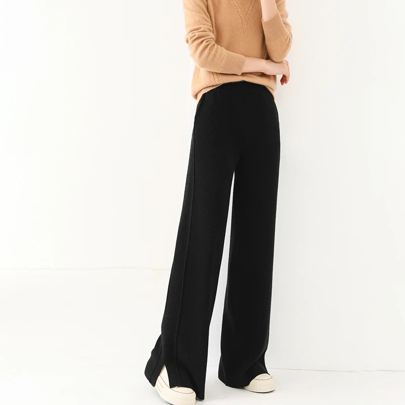 Women Wool Wide Leg Trousers Elastic Waist Side Slit Woman Wool Pants Autumn Winter 100% Merino Wool Knitted Soft Warm Trousers