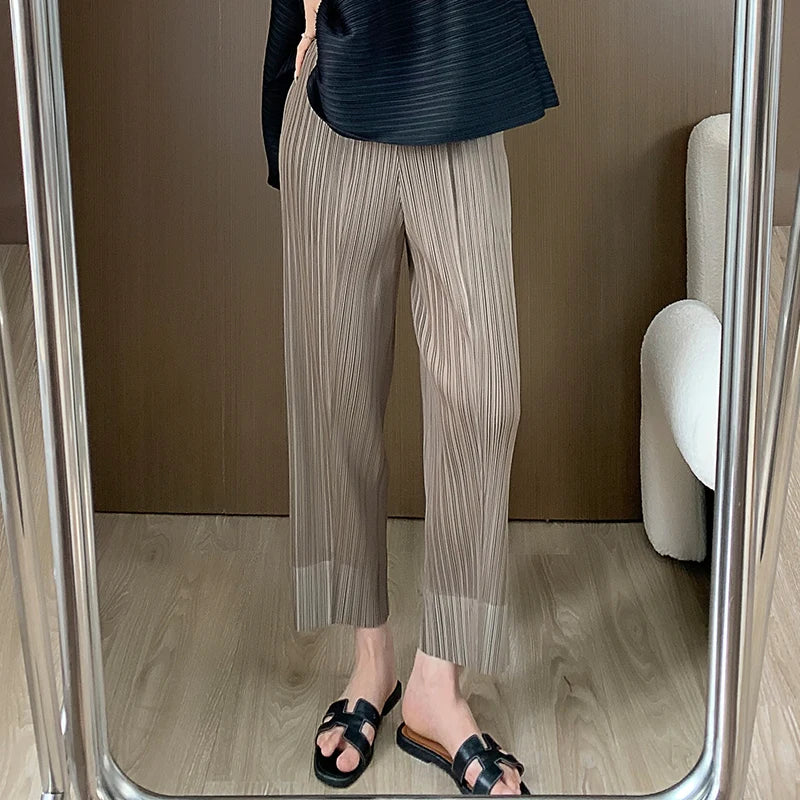 Miyake Pleated Straight Leg Pants, Women's Elastic Waist Cropped Pants, Casual and Versatile Small Leg Pants