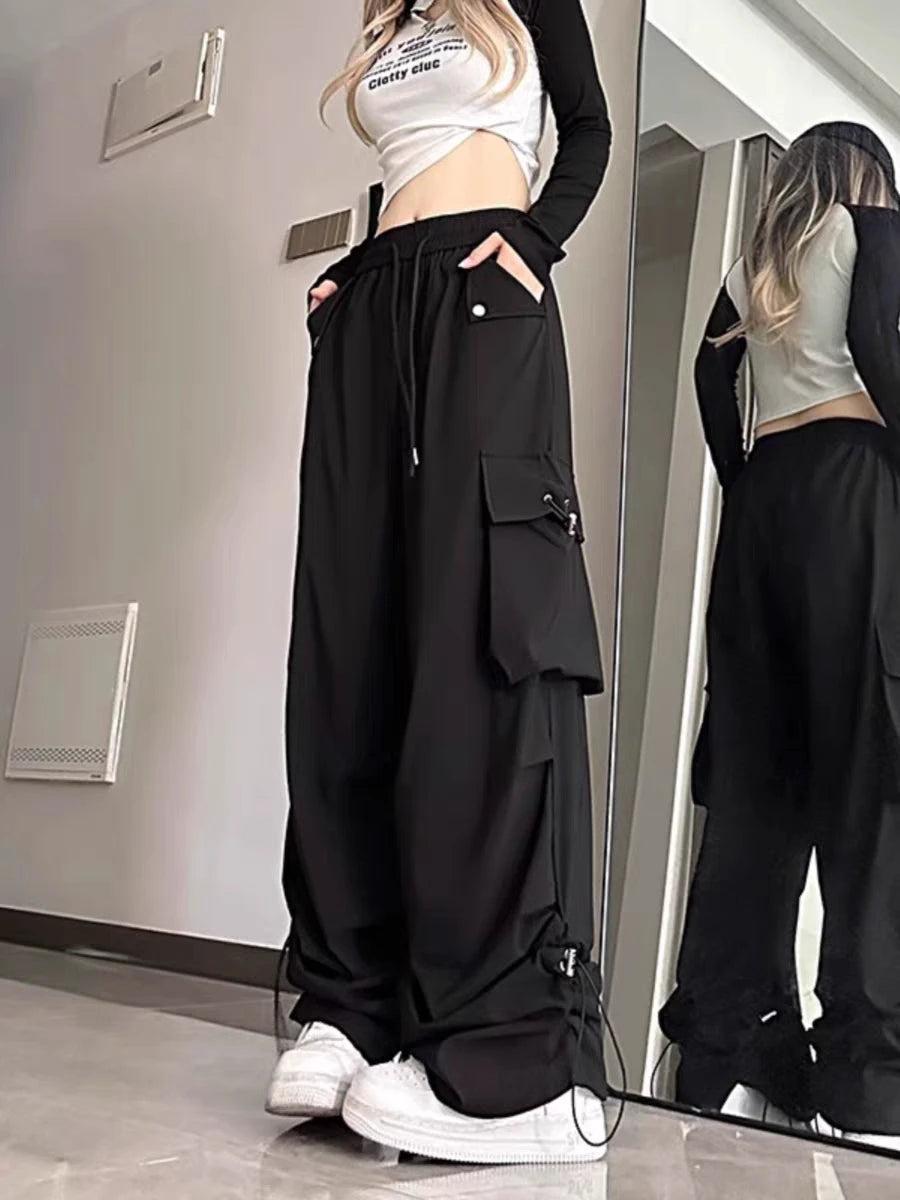 2024 American style large pocket cargo pants women's spring summer new style wide leg pants loose slimming casual sports pants