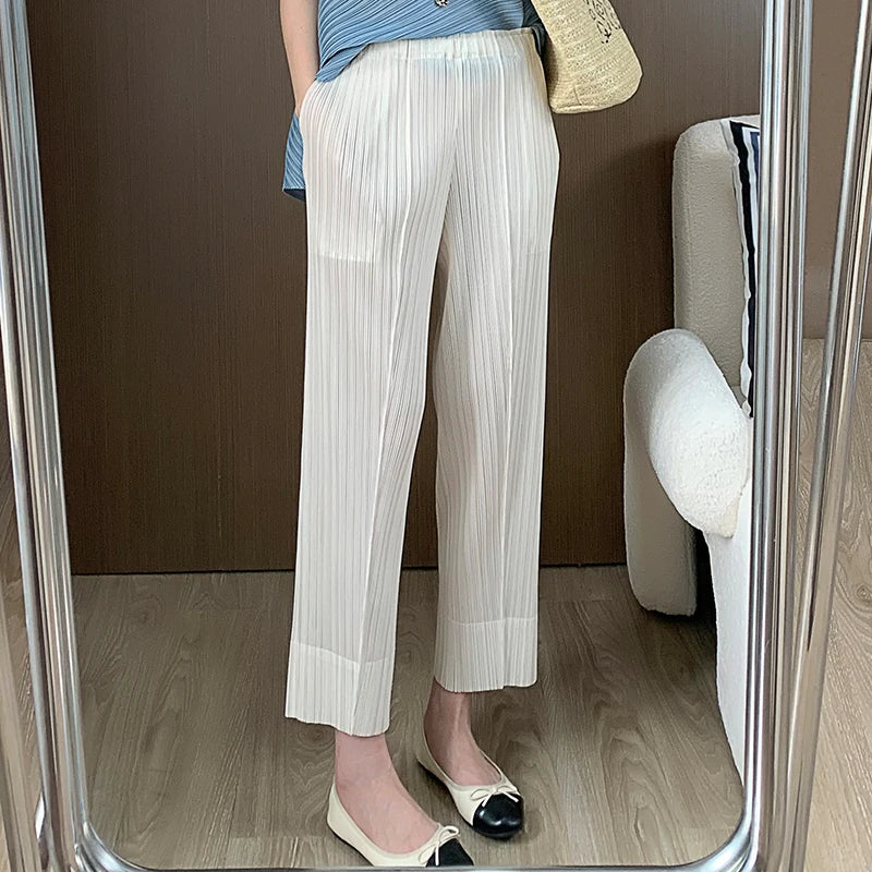 Miyake Pleated Straight Leg Pants, Women's Elastic Waist Cropped Pants, Casual and Versatile Small Leg Pants