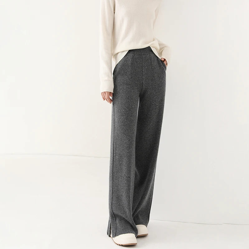 Women Wool Wide Leg Trousers Elastic Waist Side Slit Woman Wool Pants Autumn Winter 100% Merino Wool Knitted Soft Warm Trousers