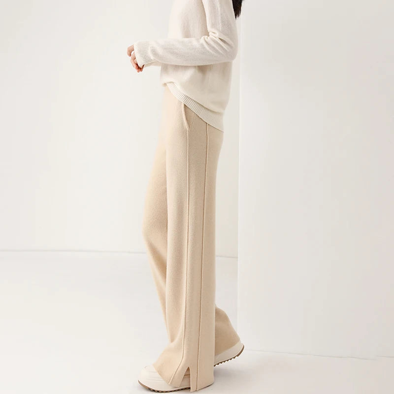 Women Wool Wide Leg Trousers Elastic Waist Side Slit Woman Wool Pants Autumn Winter 100% Merino Wool Knitted Soft Warm Trousers