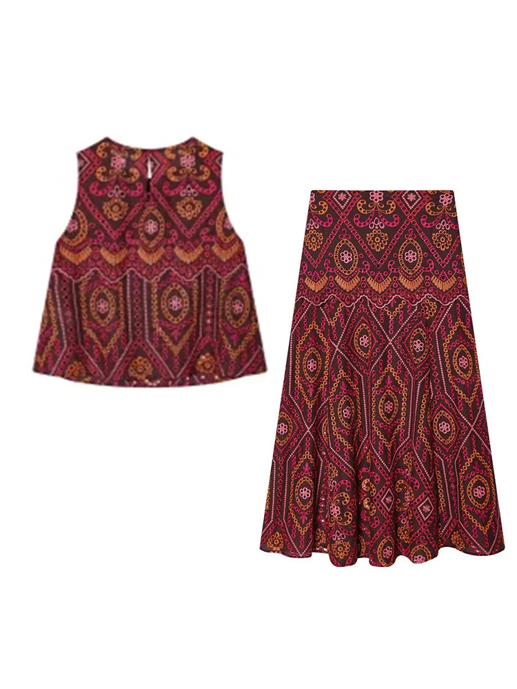 HH Woman Fashion O-Neck Embroidery Hollow Sleeveless Short Tops+Side Zipper Pleated Midi Skirt Casual Printed Spring 2 Piece Set