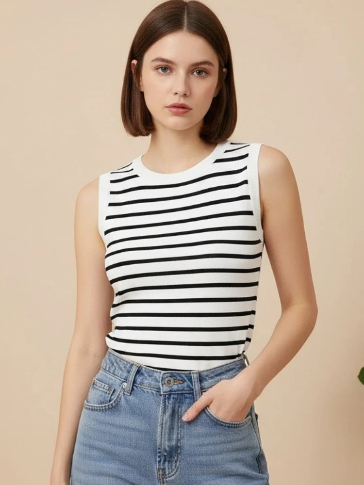 2026 Spring Summer Sleeveless Knitted T-Shirts Striped Women Tank Tops Crop Tops Female Elastic Slim Casual Vests Pullover Camis