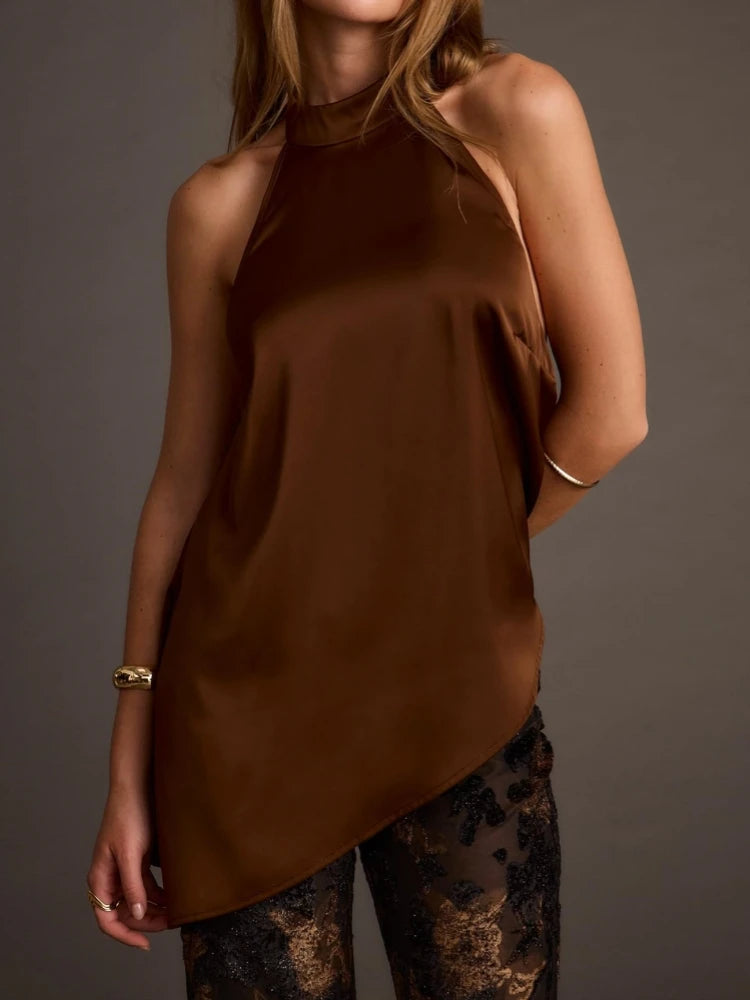 Women's Summer Retro Satin Asymmetrical Camisole Top Sleeveless Backless Camisole With Tie Loose And Elegant Beach Camisole