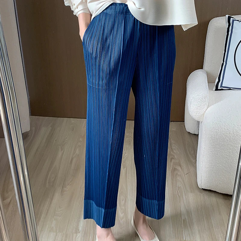 Miyake Pleated Straight Leg Pants, Women's Elastic Waist Cropped Pants, Casual and Versatile Small Leg Pants