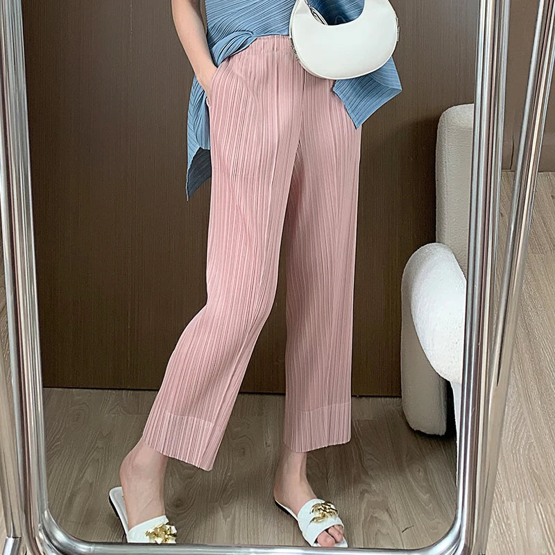 Miyake Pleated Straight Leg Pants, Women's Elastic Waist Cropped Pants, Casual and Versatile Small Leg Pants