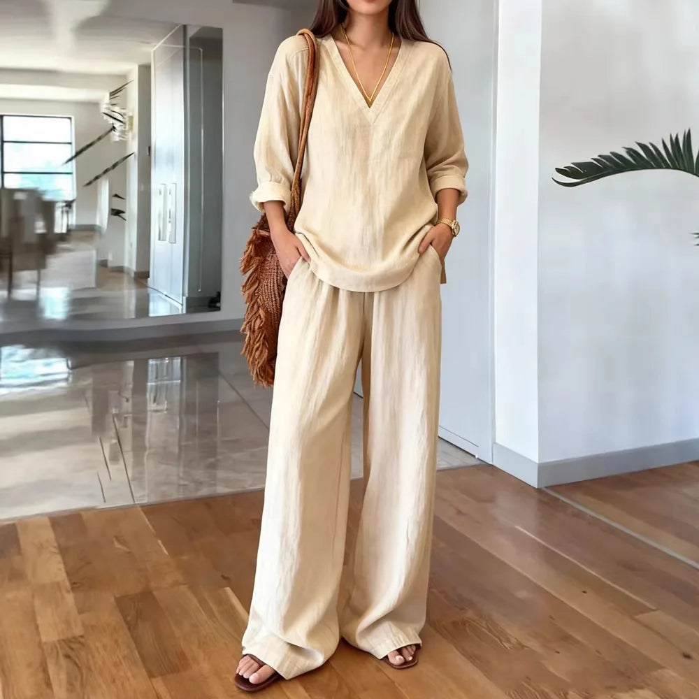 Casual Cotton Pants Sets Women Summer 2026 Fashion Long Sleeve V-neck Loose Tops 2 Piece Set Woman Outfits Elegant