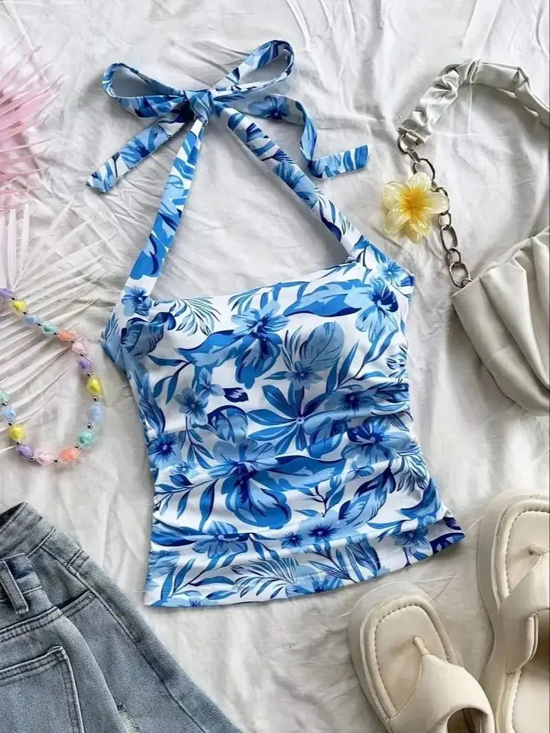 cropped top，Women's vacation open collar blue and white printed pleated lace up backless vest