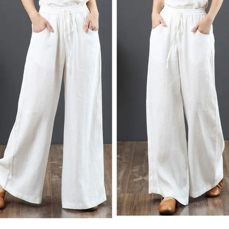 Summer Cotton Linen Wide Leg Pants for Women Straight Leg Pants Casual Straight Pants High Waist Trouses Long Pants with Pockets