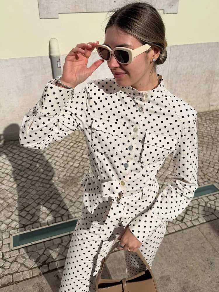 2026 Spring Polka Dot Capri Pants Sets Chic Women Stand Collar Lace Up Jacket High Waist Pencil Pants Lady 2 Pcs Outfits Street