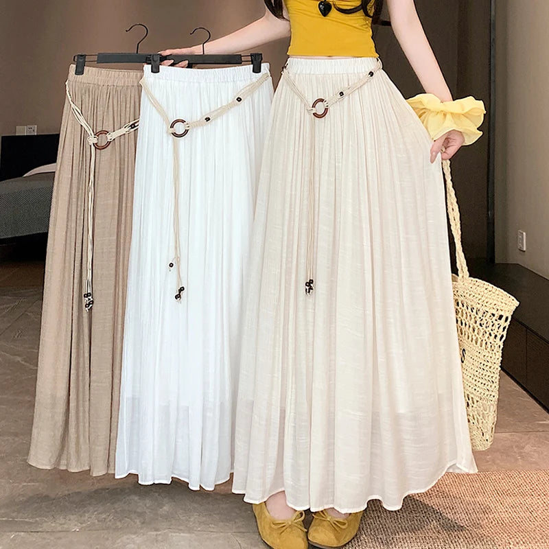 Boho Women's Skirt Cotton Linen Yellow Female Skirts High Waist Harajuku 2025 Trend  Luxury Elegant Vintage Long Skirt With Belt