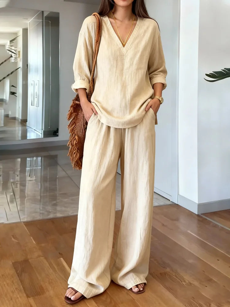 Casual Cotton Pants Sets Women Summer 2026 Fashion Long Sleeve V-neck Loose Tops 2 Piece Set Woman Outfits Elegant