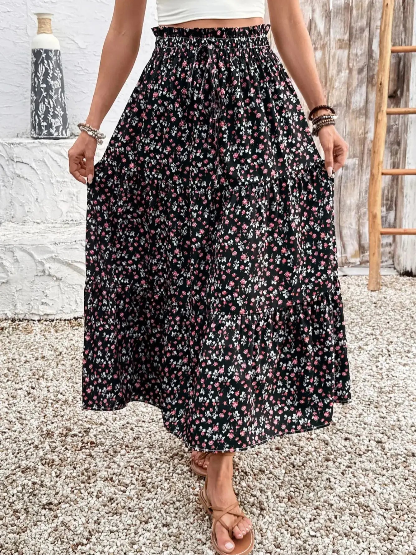 Women's High Waisted Slimming Midi Skirt Ditsy Floral a Line Skirt with Elastic Waist Perfect for Boho Style Outfits