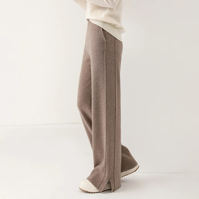 Women Wool Wide Leg Trousers Elastic Waist Side Slit Woman Wool Pants Autumn Winter 100% Merino Wool Knitted Soft Warm Trousers
