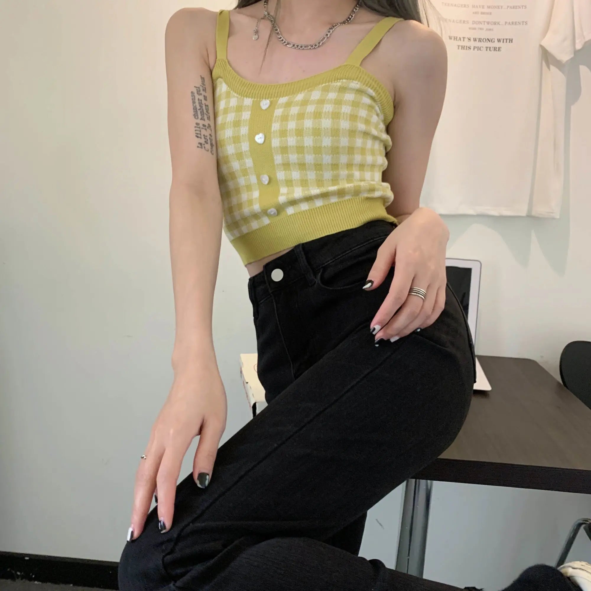 Plaid Button Tank Tops Spaghetti Strap Women Summer Fashion 2026 Y2K Cute Korean Knitted Tight Sleeveless Vest Crop Top Female