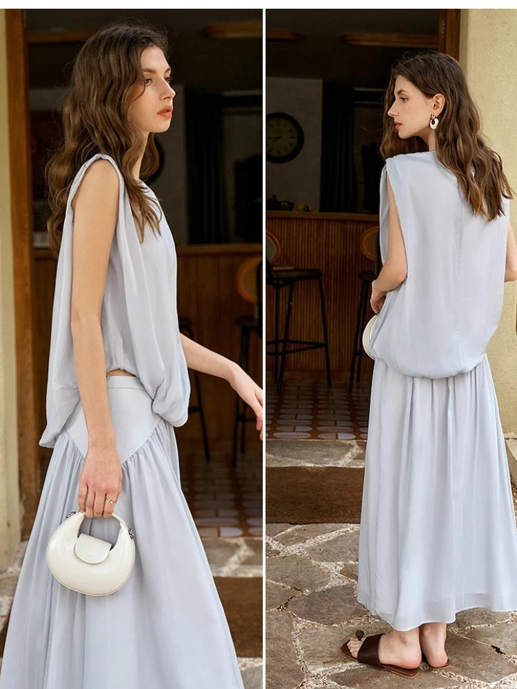 OLrain 2 Piece Skirt Sets Women 2026 Summer Blue O-neck A-line Sleeveless Folds Elegant Lady Two Piece Outfits Woman O57XE99358