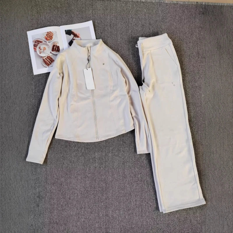 Sweatshirts Sweatpants 2 Pieces Set for Woman Autumn Stand Up Collar Casual Zipper Jacket Suit Fashion Loose Straight Trousers