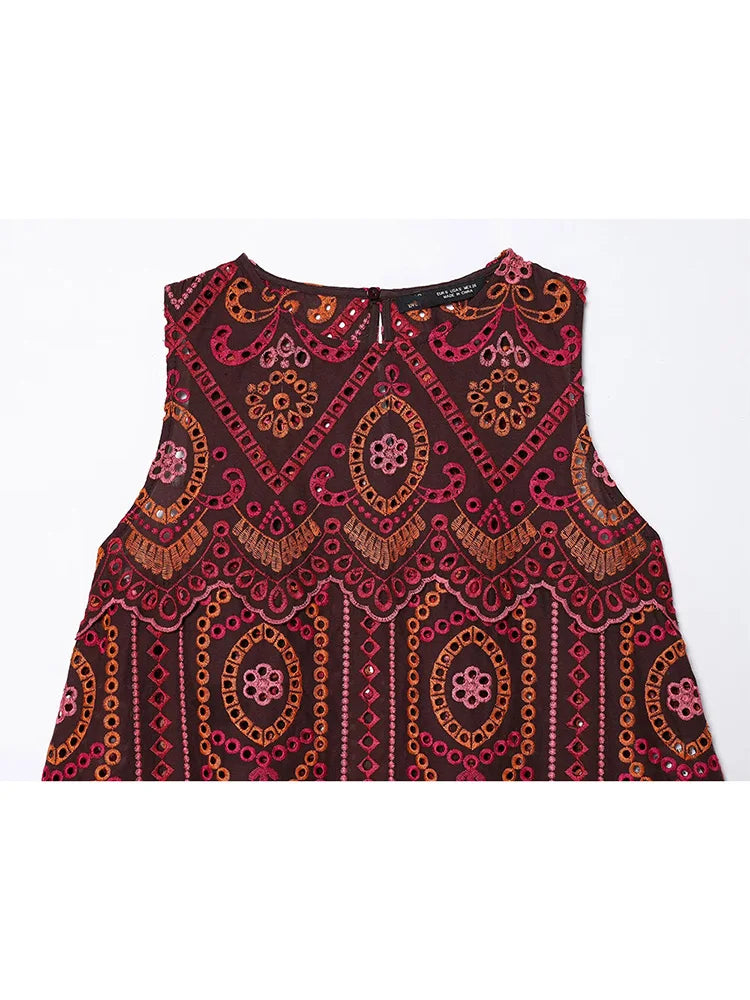 HH Woman Fashion O-Neck Embroidery Hollow Sleeveless Short Tops+Side Zipper Pleated Midi Skirt Casual Printed Spring 2 Piece Set