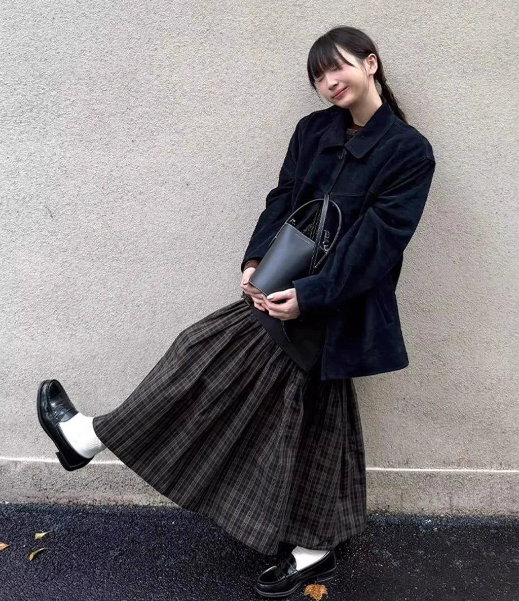 Vintage Plaid Pleated Midi Skirt Women's Autumn Winter High Waist A-Line Swing Skirt Casual Loose Retro Long Skirts Fashion Stre