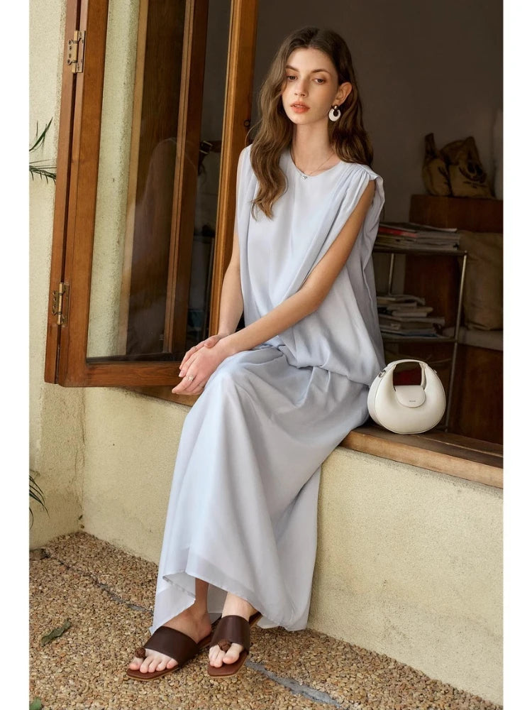 OLrain 2 Piece Skirt Sets Women 2026 Summer Blue O-neck A-line Sleeveless Folds Elegant Lady Two Piece Outfits Woman O57XE99358