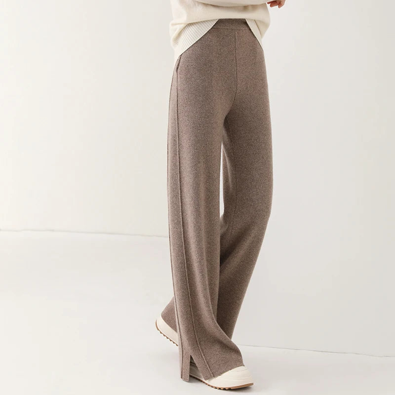 Women Wool Wide Leg Trousers Elastic Waist Side Slit Woman Wool Pants Autumn Winter 100% Merino Wool Knitted Soft Warm Trousers