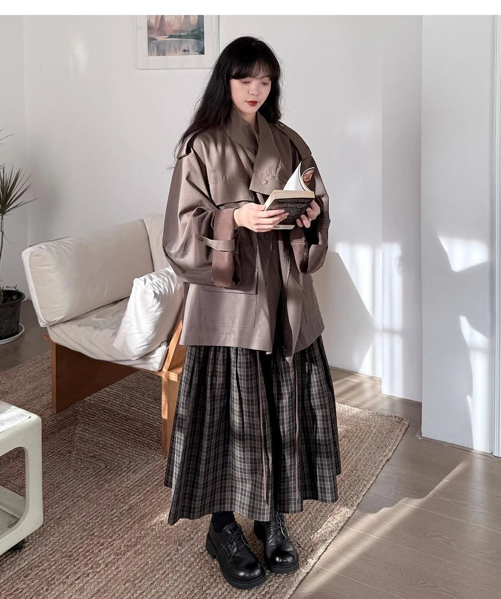 Vintage Plaid Pleated Midi Skirt Women's Autumn Winter High Waist A-Line Swing Skirt Casual Loose Retro Long Skirts Fashion Stre