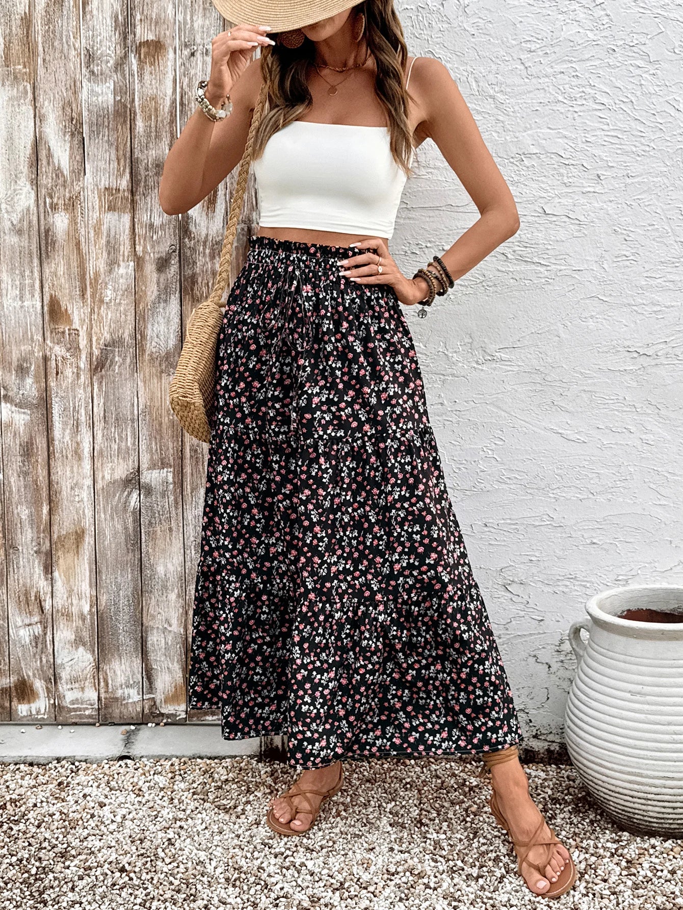 Women's High Waisted Slimming Midi Skirt Ditsy Floral a Line Skirt with Elastic Waist Perfect for Boho Style Outfits