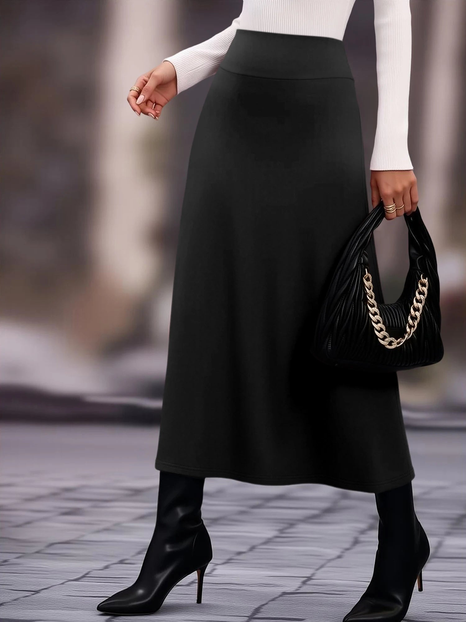 Women High Waist Midi Skirt Flared Silhouette Comfortable Fit Versatile for Brunch Vacations Work  Solid Colors