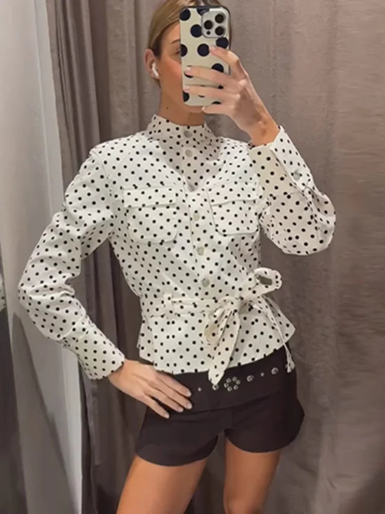 2026 Spring Polka Dot Capri Pants Sets Chic Women Stand Collar Lace Up Jacket High Waist Pencil Pants Lady 2 Pcs Outfits Street