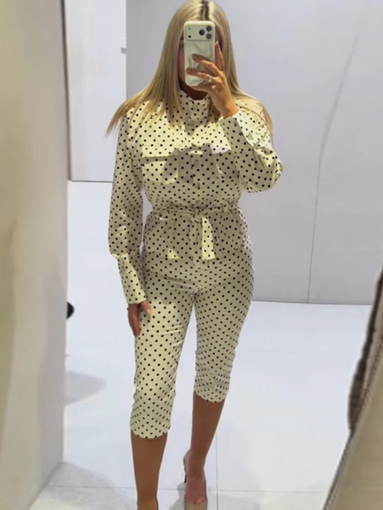 2026 Spring Polka Dot Capri Pants Sets Chic Women Stand Collar Lace Up Jacket High Waist Pencil Pants Lady 2 Pcs Outfits Street