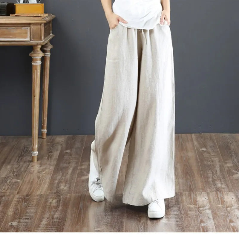 Summer Cotton Linen Wide Leg Pants for Women Straight Leg Pants Casual Straight Pants High Waist Trouses Long Pants with Pockets