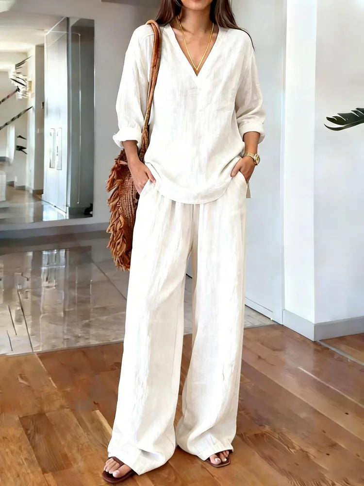 Casual Cotton Pants Sets Women Summer 2026 Fashion Long Sleeve V-neck Loose Tops 2 Piece Set Woman Outfits Elegant