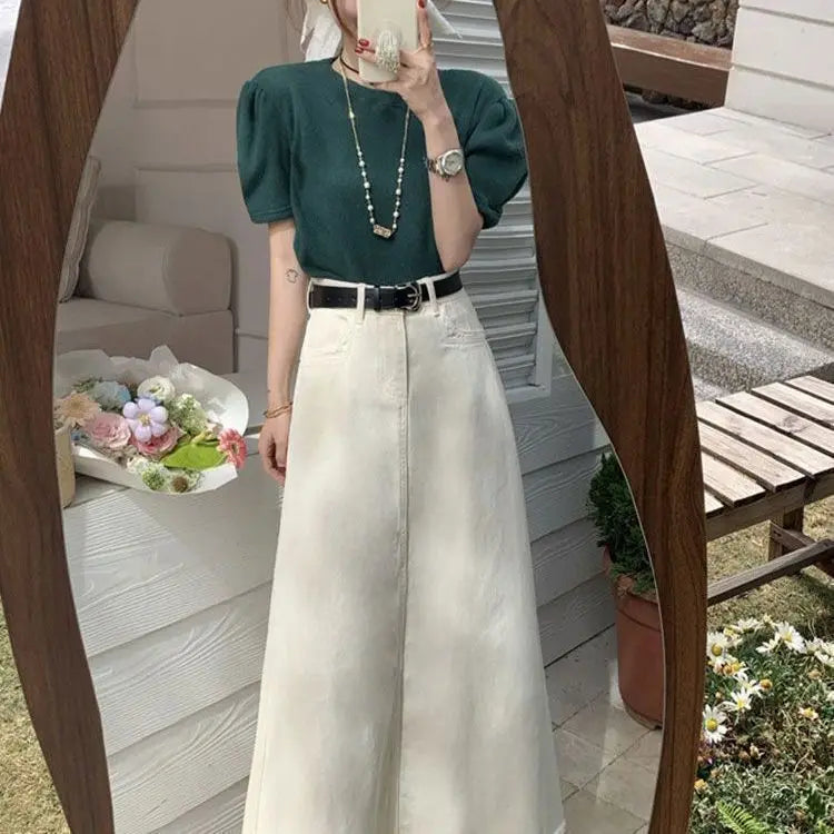 White High Waist A Line Denim Skirt Slimming Fashion Midi Bodycon Fishtail Skirt