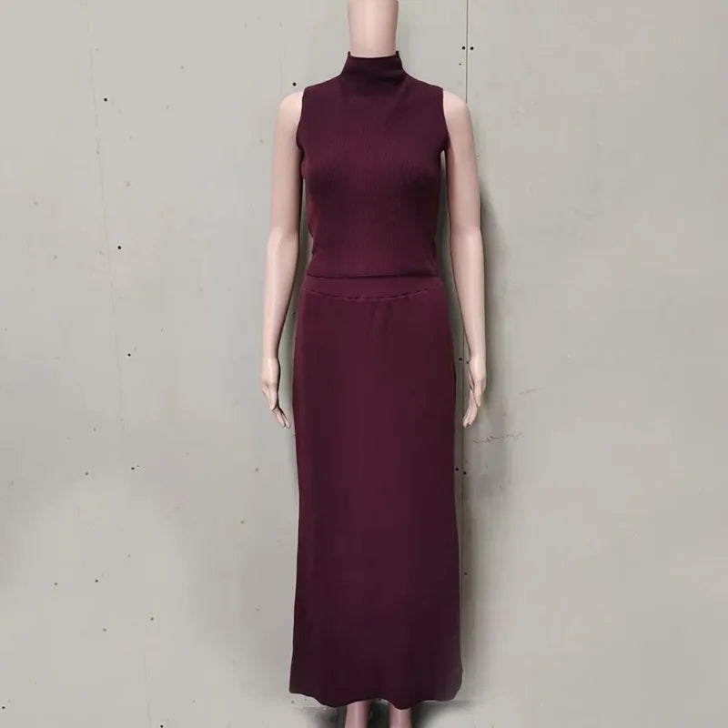 Tuularose Elegant Long Skirt Two-piece Set Women's Sleeveless Knitted Turtleneck Vest Slim Skirt Set 2025 New Fashion Skirt Set