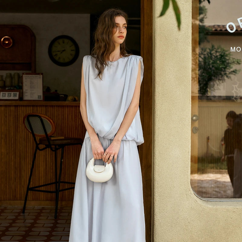 OLrain 2 Piece Skirt Sets Women 2026 Summer Blue O-neck A-line Sleeveless Folds Elegant Lady Two Piece Outfits Woman O57XE99358