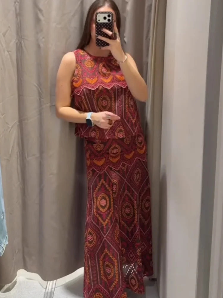 HH Woman Fashion O-Neck Embroidery Hollow Sleeveless Short Tops+Side Zipper Pleated Midi Skirt Casual Printed Spring 2 Piece Set