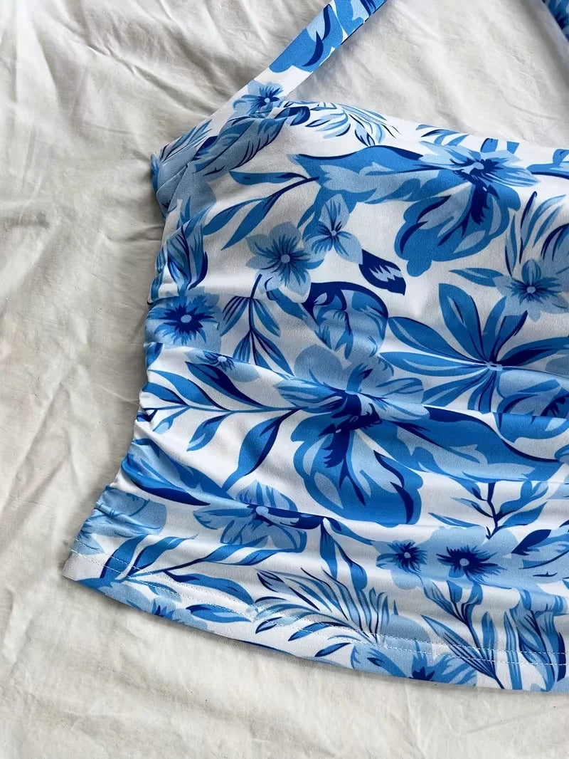 cropped top，Women's vacation open collar blue and white printed pleated lace up backless vest