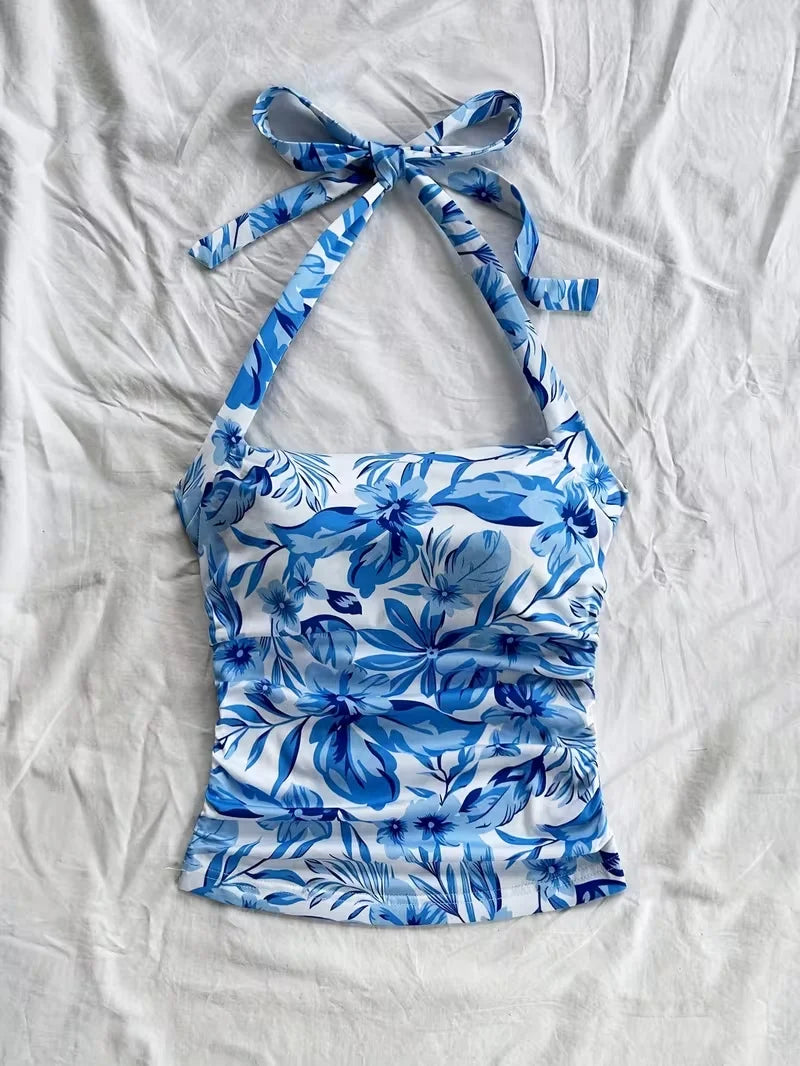 cropped top，Women's vacation open collar blue and white printed pleated lace up backless vest